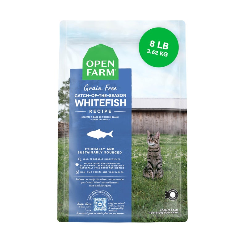 Open Farm, Grain Free Dry Cat Food, High-Protein Kibble for a Complete & Balanced Diet, Non-GMO Fruits & Vegetables, Prebiotic Fibers to Support Digestion, Catch-of-The Season Whitefish, 8lb Bag - Image 1